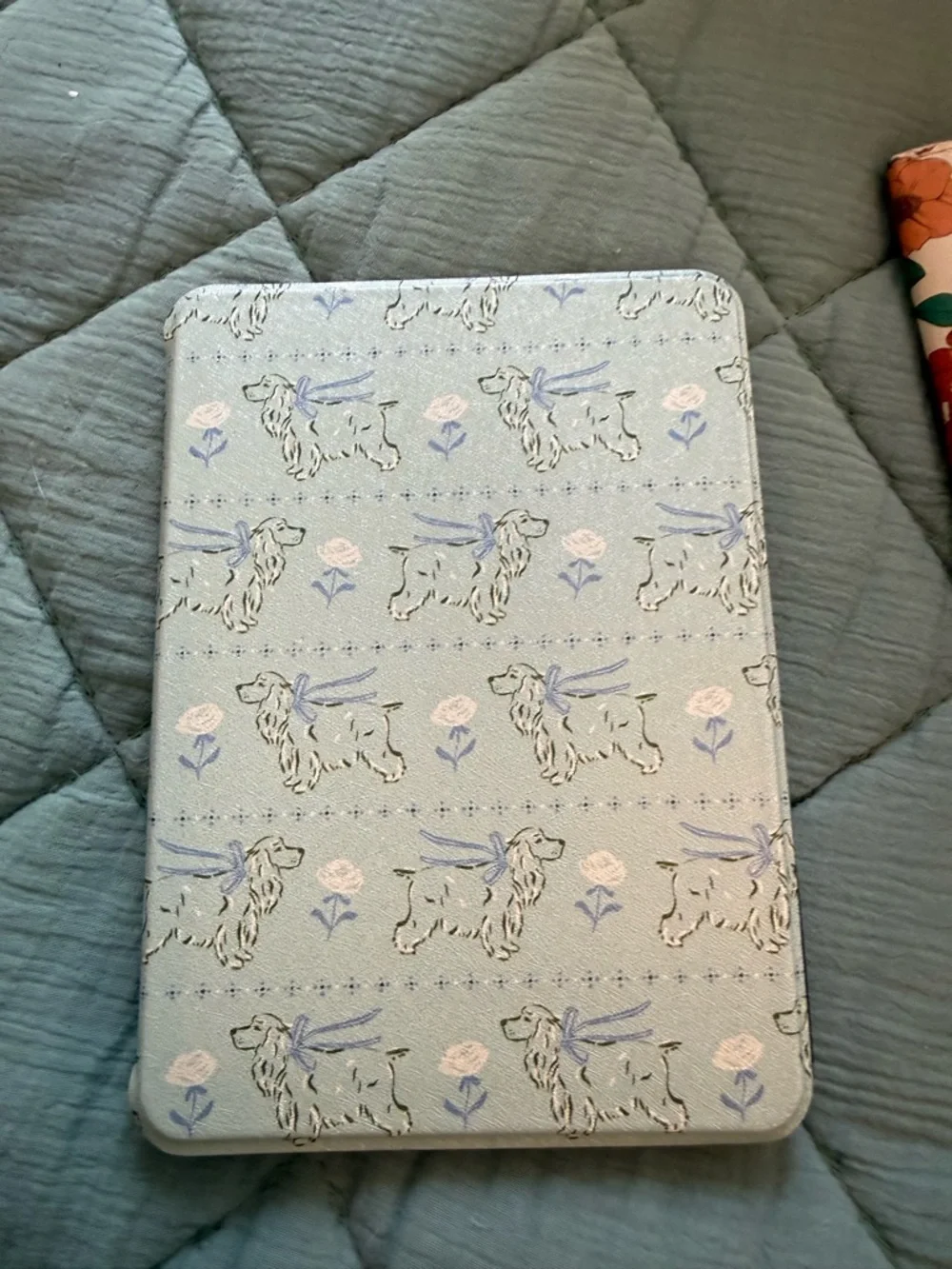 Tablet Cover with Dog and Floral Print in Light Green